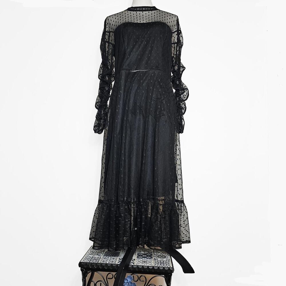 Betsey Johnson Size 14 Black Long Sleeve Sheer Polka Dot Goth Lace Dress